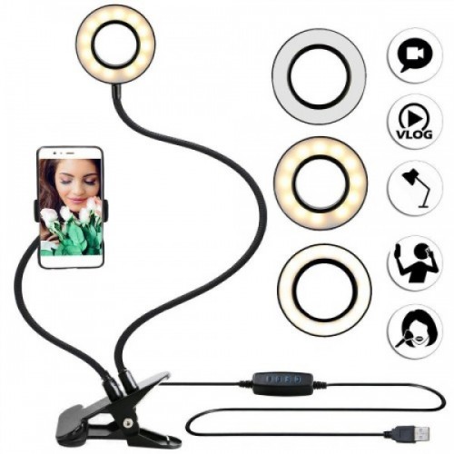 Держатель гибкий для телефона штатив с LED подсветкой кольцо на прищепке Stream Professional Live Черная (D-2019090535)