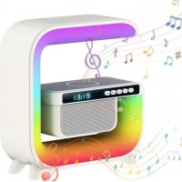 Настольная смарт лампа ночник RGB HM-G3  4в1 с беспроводной зарядкой 15W и Bluetooth колонкой 5W, часы с будильником, белый (D-2019091417)