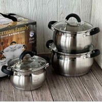 Набор кастрюль German Family 6 предметов утолщенное дно с прозрачными крышками GF-2044 (D-2019091451)