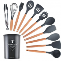 Набор кухонных принадлежностей Kitchen Set из 12 предметов c подставкой для кухни дерево + силикон Серый (D-2019091730)