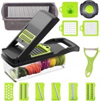 Овощерезка ручная Veggie Slicer 14в1 универсальная - Многофункциональный мультислайсер – кухонная терка для нарезки овощей и фруктов с насадками и контейнером, Серый с зелёным (D-2019090835)