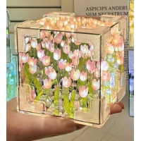 Настольная лампа ночник тюльпаны в кубе led night light cube розовые цветы (D-2019092075)
