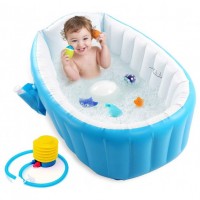 Детская надувная ванночка с подушкой и ножным насосом Intime Baby Bath Tub для купания ребенка со сливом 98X65X28 см Голубой (D-2019090675)