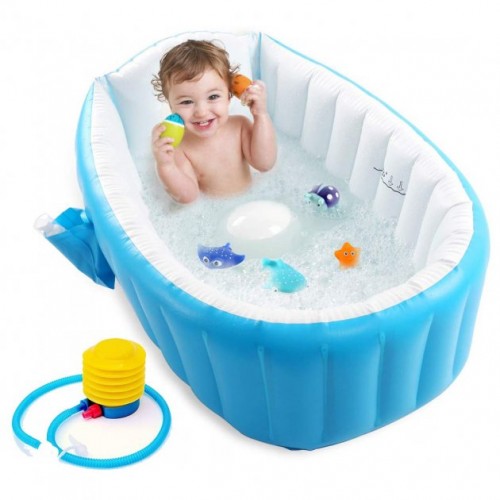 Детская надувная ванночка с подушкой и ножным насосом Intime Baby Bath Tub для купания ребенка со сливом 98X65X28 см Голубой (D-2019090675)