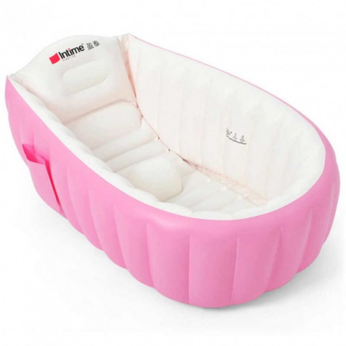 Детская надувная ванночка с подушкой и ножным насосом Intime Baby Bath Tub для купания ребенка со сливом 98X65X28 см Розовый (D-2019090676)